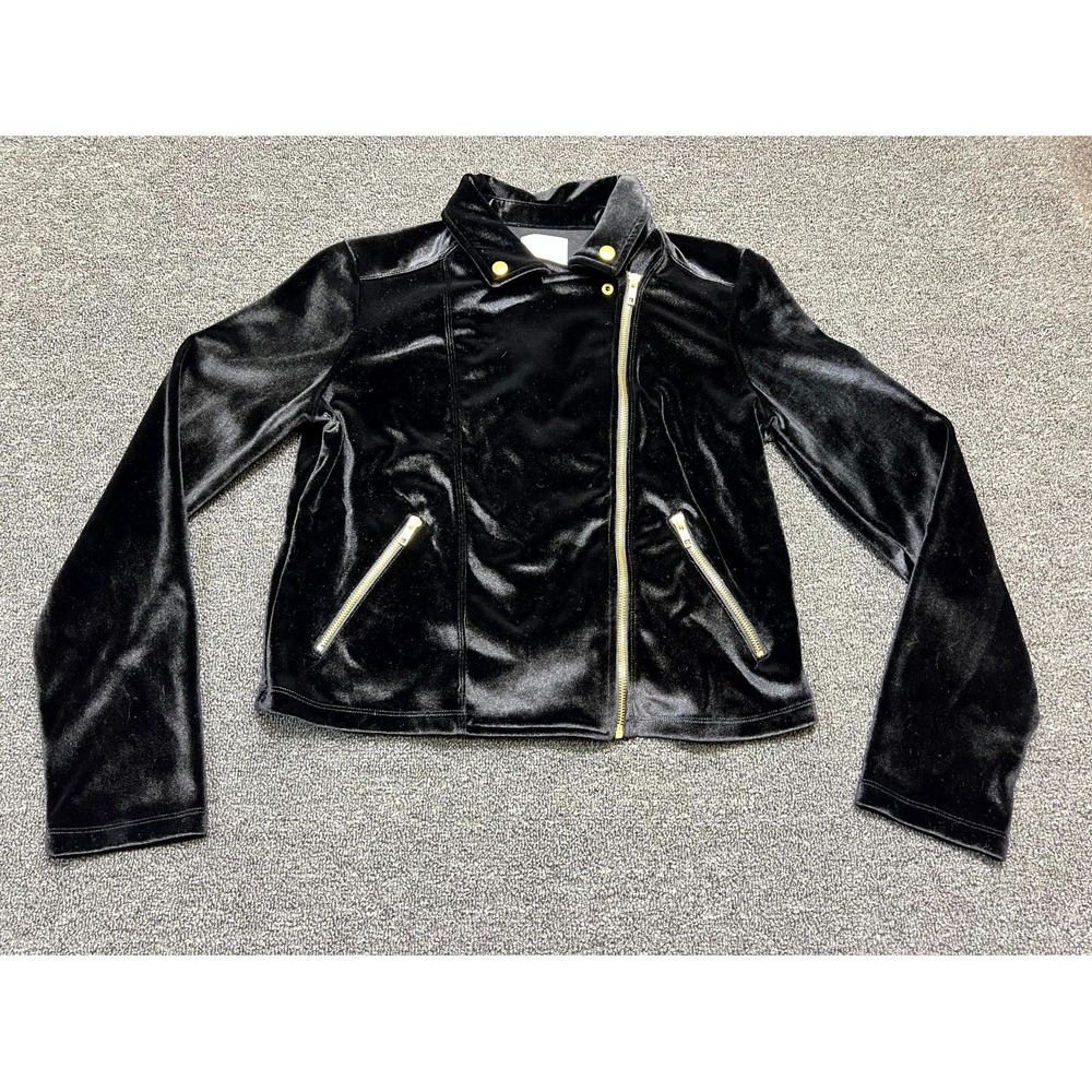Leith Velvet Biker Jacket Womens Large Black Stretch Classic Asymmetrical Zip